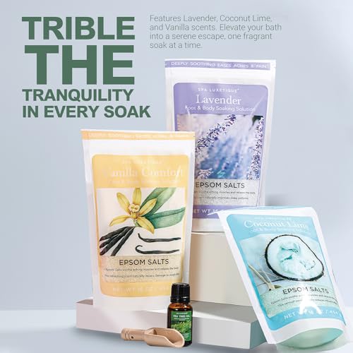 Spa Luxetique Epsom Salts for Soaking, Bath Salts for Women Gifts Set with Lavender, Vanilla and Coconut Scent Bath Set with Tea Tree Oil for Mom Christmas Gifts