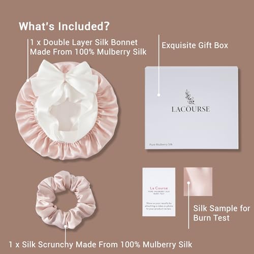 Non-Slip 100% Mulberry Silk Bonnet for Sleeping Women - Double Layer Silk Hair Wrap for Curly Hair, with Tie Bands to Secure the Cap (Pink+Ivory)