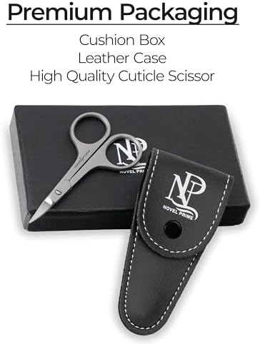 Novel Prime| Stainless Steel Cuticle Scissor with Extra Fine Curved Blade| Nail Scissors for Precise Pointed Tips| Manicure Scissors for Grooming and Eyebrows with Premium Leather Pouch (1 Count)
