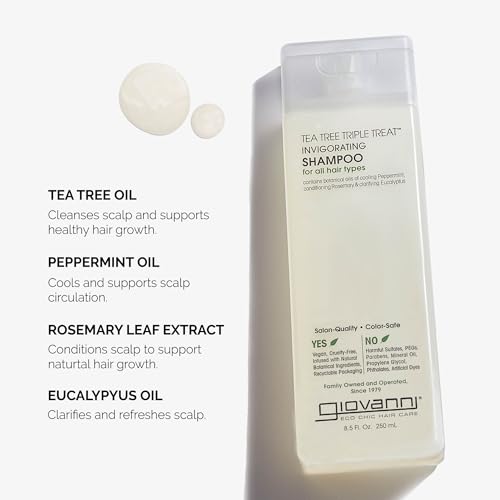 GIOVANNI Tea Tree Triple Treat Invigorating Shampoo - Cooling Peppermint, Eucalyptus & Rosemary, Helps Strengthen & Rejuvenate Hair & Scalp, Salon Quality, Paraben Free - 8.5 oz (1 Pack)