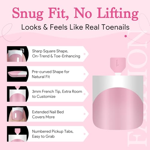 Press On Toenails for Women French Tips, Sharp Square Pre-applied Primer & Base Coat Toe Nail Press Ons Baby Pink Full Cover Fake Tips Extension 15 Sizes 270 Pcs, Builder Nail Gel & Top Coat Required