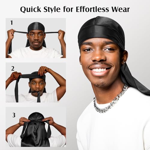 YFONG 2 Pack 100% 22 Momme Mulberry Silk Durags for Men Women, Extra Long Strap Silky Durag, Breathable and Soft Du Rag for 360 Waves, Pure Silk Durag for Hair Care and Stylish Outfits, Black+White
