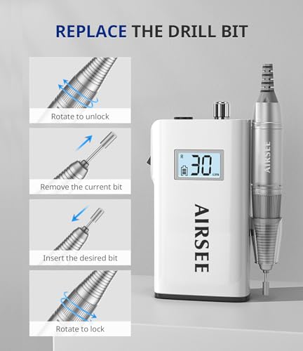 AIRSEE Rechargeable 30000RPM Electric Nail Drill Professional Portable E File Machine for Acrylic Nail Natural Extension Gel Nails Polish Cuticle, Cordless High Speed for Salon Home Use E8 White