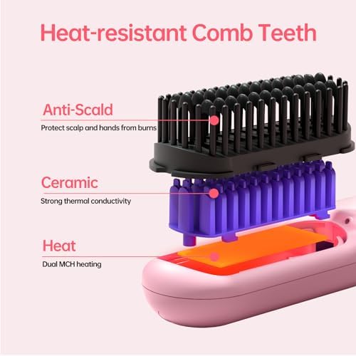 Cordless Hair Straightener Brush-Portable Straightening Comb, 9600mAh Batt, Plasma Tech, 9 Temp-Settings & LED Display, for Travel & Home(Pink)