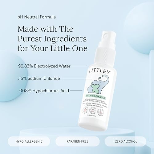 Littley Pacifier & Teether Cleaner with Hypochlorous Acid, Non-Toxic & Alcohol-Free, Gentle Formula for Cleaning Baby & Toddler Essentials, 2oz Travel-Size Spray Bottle