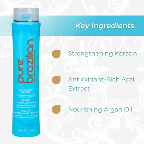 Pure Brazilian Anti-Frizz Daily Leave-In Serum, Strengthening Hair Treatment to Fortify & Protect from Heat & UVA/UVB, 13.5 Ounce (400 Milliliter)