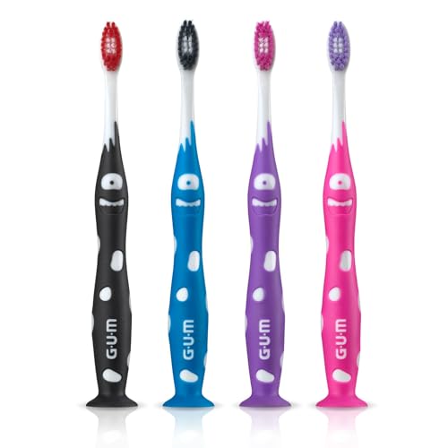 GUM Monsterz Jr Kids’ Toothbrush, Soft Bristled Children’s Toothbrush with Suction Cup, for Ages 5+, 2 Count(Pack of 6)