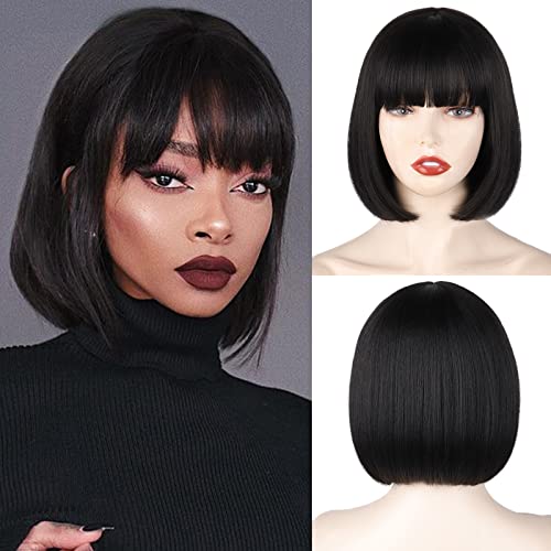 WERD Black Short Bob Wig,Straight Black Bob Wig with bangs, 10 inch Straight Bob Bangs Wig for Women Natural Looking for Daily Use