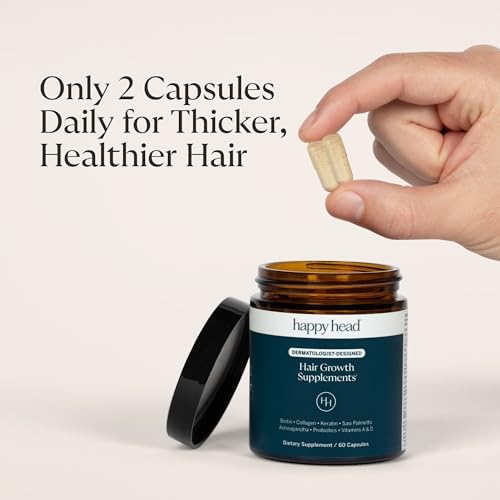 Happy Head Hair Growth Supplement for Men and Women – Thicker, Fuller Hair with Saw Palmetto, Ashwagandha, Biotin, Collagen, Keratin, Probiotics & Vitamins A & D – One Month Supply – 60/ct