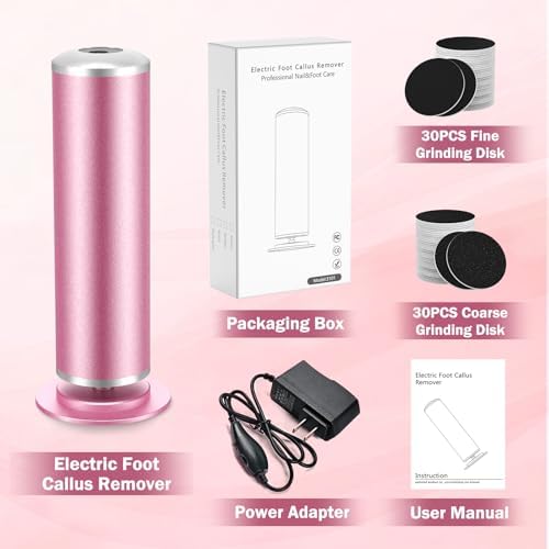 Electric Foot Callus Remover, Electric Foot File for Feet with Adjustable Speed Controller and 60pcs Replacement Sandpaper Disk for Dead Skin and Calluses, for Women&Men, Gradient Pink