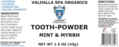 Tooth Powder with Mint and Myrrh Gum | Natural Toothpaste | Fluoride Free | Whitening | Polishing | Valhalla Spa Organics 1.5 oz