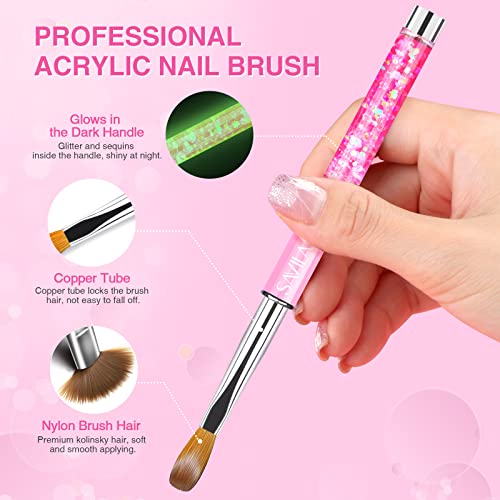SAVILAND Kolinsky Acrylic Nail Brush Set: Size 6,8,12,14 Professional Glows in the Dark Manicure Brushes for Acrylic Powder Application 3D Nail Art Carving & Extension Tools Home DIY Nail Art Salon