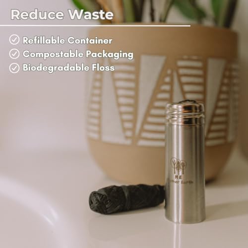 Vegan Biodegradable Bamboo Charcoal Dental Floss with Refillable Stainless Steel Container | 33yds x2 | Extra Floss Refill | Natural Candelilla Wax | Peppermint | Eco Zero Waste Oral Care