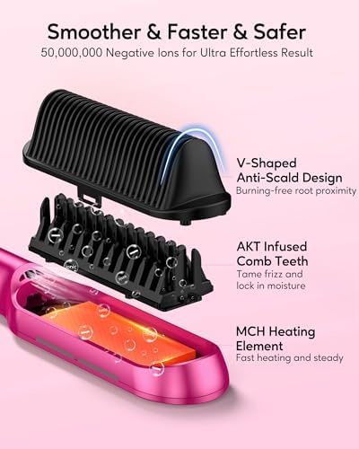 Terviiix Frizz Buster Ionic Hair Straightener Brush with MCH Heater - Rapid 450°F in 20S, Hair Straightener Comb for Efficient One-Pass, Anti-Scald, 13 Heat Settings, Dual Voltage, Pink