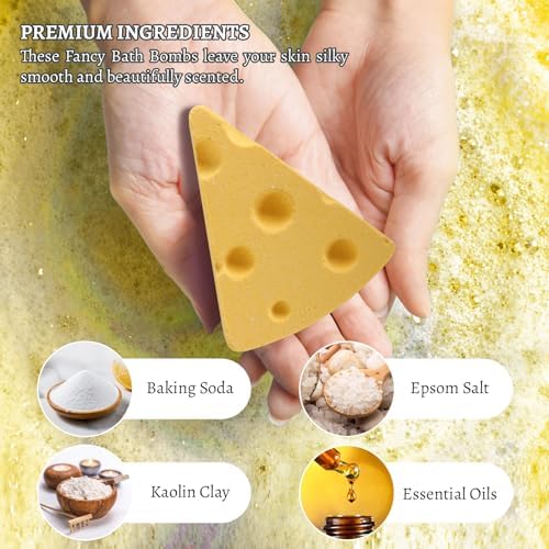 Cheese Bath Bombs Set - 7 Unique Cheese-Shaped & Milky Scented Shower Bomb with Surprise Mouse Miniature, Fun & Fancy Bathbombs, Ideal Cheesy Gift for Cheese & Bath Lovers