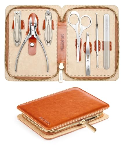 MR.GREEN Upgraded Manicure Set, German Stainless Nail Clippers Set w/Anti Splash Cather, Quality Fingernail& Toenail Clipper, Professional Nail Care Kit with Exquisite Leather Case for Men&Women