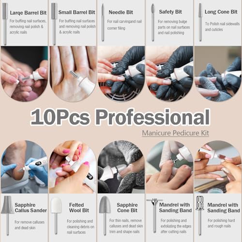 Cordless Electric Nail File Set, 10 Speeds Professional Manicure Pedicure Kit with LED Light, Portable Nail Drill for Natural & Acrylic Nails, Human & Pet Thick Toenails, w 120*Sanding Bands (Pink)