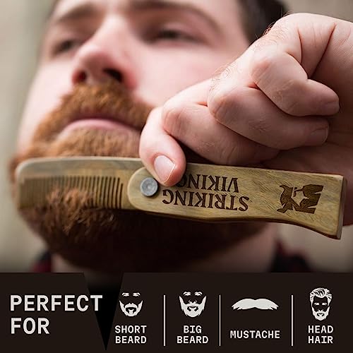 Striking Viking Folding Wooden Comb for Men - Sandalwood Switchblade Beard Comb for Grooming and Styling - Use Dry or With Oils & Balms