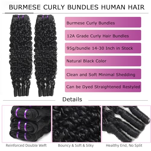 Burmese Curly Bundles Human Hair 18 20 22 Inch 100% Unprocessed Quick Weave Hair Water Wave 3 Bundles 3C4A Deep Curly Hair with Spiral Curls Double Weft Natural Color
