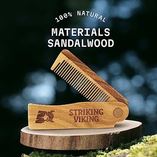 Striking Viking Folding Wooden Comb for Men - Sandalwood Switchblade Beard Comb for Grooming and Styling - Use Dry or With Oils & Balms