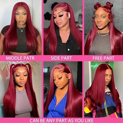 Burgundy Wig Human Hair 28inch 13x6 HD Transparent Lace Straight 99J Red Human Hair Wig Colored Reddish Brown Lace Frontal Wigs 180% Density Pre Plucked