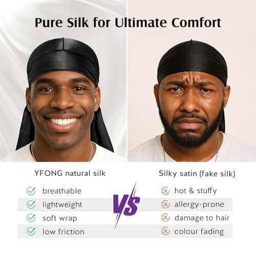 YFONG 2 Pack 100% 22 Momme Mulberry Silk Durags for Men Women, Extra Long Strap Silky Durag, Breathable and Soft Du Rag for 360 Waves, Pure Silk Durag for Hair Care and Stylish Outfits, Black+White