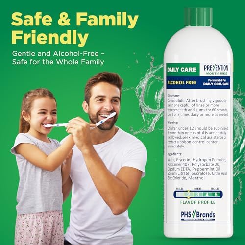 Prevention Daily Care Alcohol-Free Mouthwash, Hydrogen Peroxide Teeth Whitening with Soothing Fresh Mint for Bad Breath Treatment, Fluoride-Free Gum Care Oral Mouth Rinse 16 oz 1 Pack