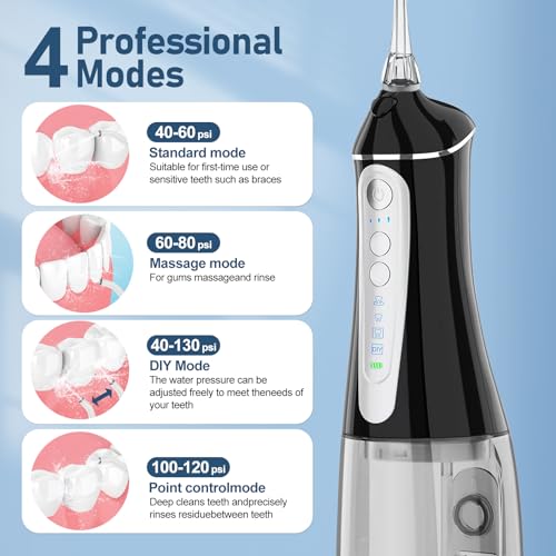 Water Dental flosser for Teeth Cleaning - Rechargeable Cordless Oral Irrigator 4 Modes 6 Tips IPX 7 Waterproof Portable Teeth Cleaner Pick for Home Trave