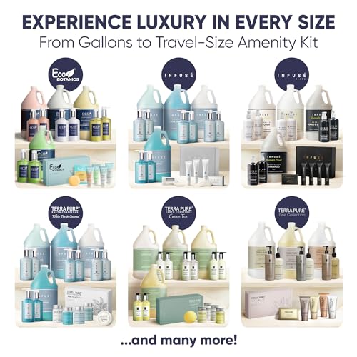 Terra Pure Green Tea Amenity & Accessory Kit | 1 oz Travel Size Shampoo, Conditioner, Lotion, Body Wash, 2 Soap Bars, Shave & Dental Sets, Make-Up Remover Wipes, & Vanity Kit | 60 sets per case