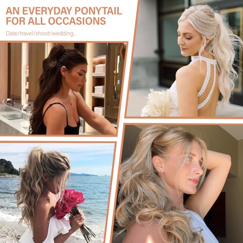 24 Inch Ponytail Extension, Clip on Ponytails for Women, Long Curly Wavy Ponytail Extensions for Women, Synthetic Layered Pony Tails Hair Extensions (Color: Chestnut Brown With Golden Highlights)