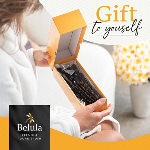 Belula Boar Bristle Round Brush for Blow Drying Set. Round Hair Brush With Large 2.7” Wooden Barrel. Hairbrush Ideal to Add Volume and Body. Free 3 x Hair Clips & Travel Bag.