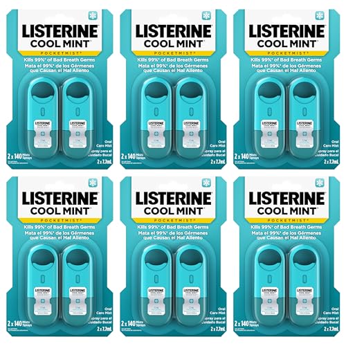 Listerine Cool Mint Pocketmist, Oral Care Mist for Fresh Breath, Non-Aerosol Sugar-Free Bad Breath Refresher Spray to Kill 99% of Bad Breath Germs, Portable, Cool Mint Flavor, 7.7 mL, 12 Sprays