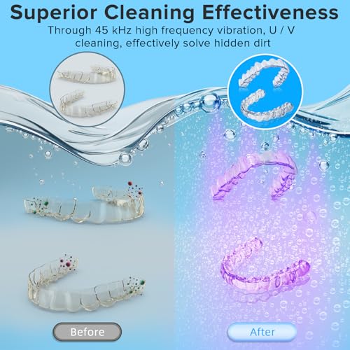 Ultrasonic Retainer Cleaner, 180ML/45kHz Portable Ultrasonic Jewelry Cleaner, Quiet Operation Ultrasonic Cleaner Machine for Dentures,Aligners,Mouth Guards,Night Guards (Gray)