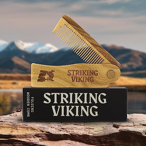 Striking Viking Folding Wooden Comb for Men - Sandalwood Switchblade Beard Comb for Grooming and Styling - Use Dry or With Oils & Balms