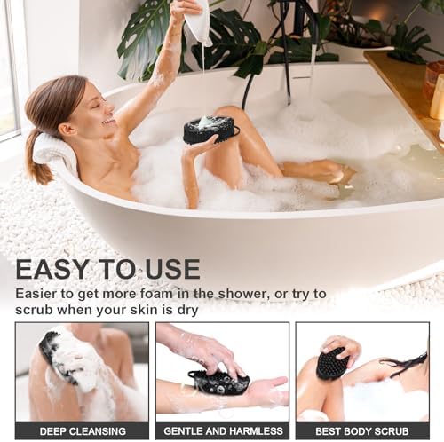 Metene 2 Pack Silicone Exfoliating Body Scrubber with Loop, Soft Body Scrubber for Men and Women, Shower and Bath Skincare Routine (Black)