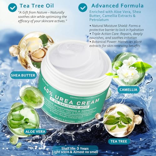 Urea Cream 40 Percent For Feet Maximum Strength - plus Salicylic Acid 2% Foot Cream For Dry Cracked Heels Feet Knees - Dead Skin Cuticle Callus Remover Toenail Softener