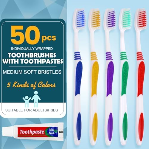 Navona 50 PCS Disposable Toothbrush with Toothpaste Bulk, Travel Toothpaste, Bulk Toothpastes, Individually Wrapped Bulk Toothbrush, Ergonomics Handle,Medium Soft Bristle, Perfect for Travel, Hotel
