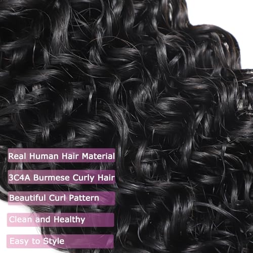 Burmese Curly Bundles Human Hair 18 20 22 Inch 100% Unprocessed Quick Weave Hair Water Wave 3 Bundles 3C4A Deep Curly Hair with Spiral Curls Double Weft Natural Color