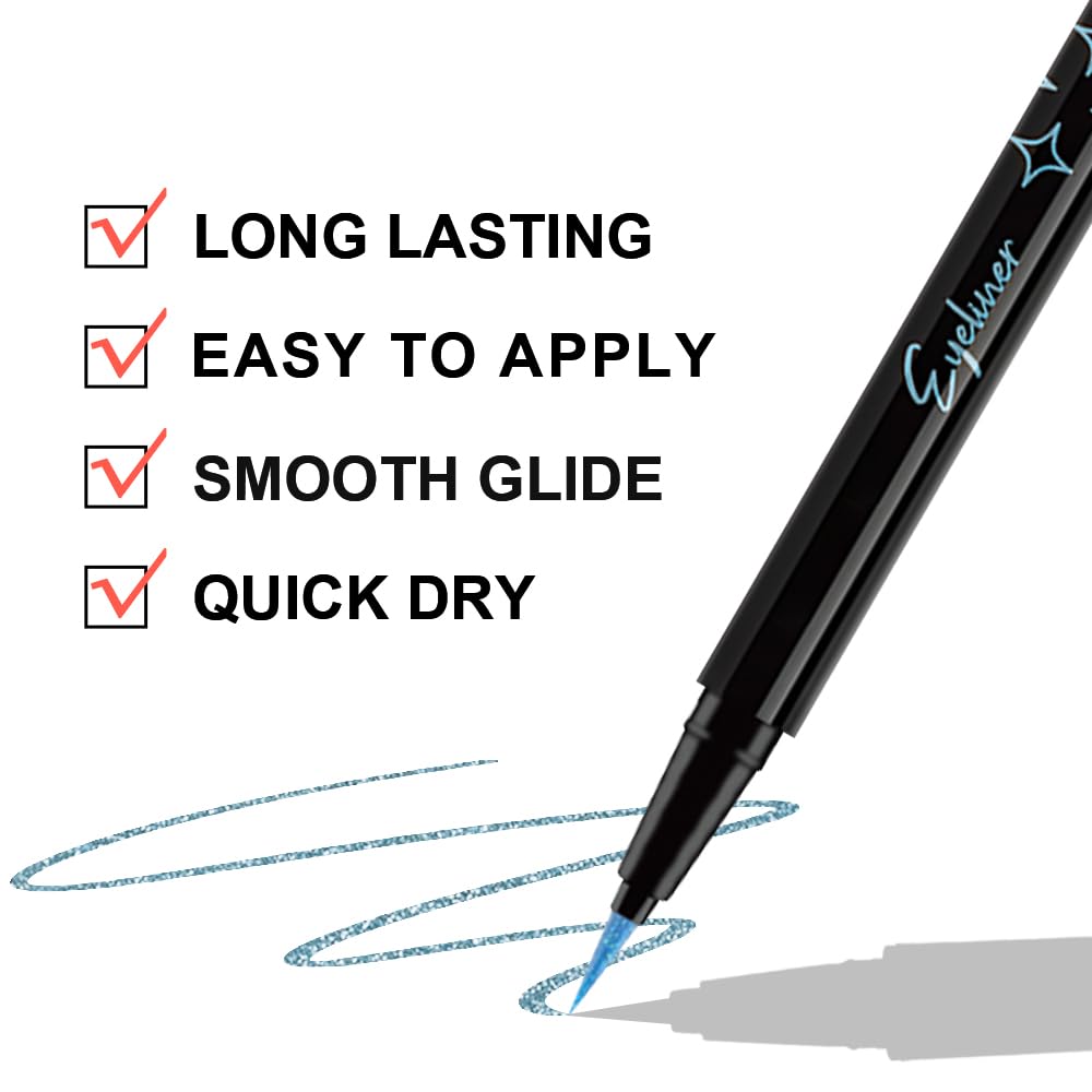 evpct 1Pcs Sky Blue Glitter Shimmer Liquid Eyeliner Eye Makeup Pencil Pen, Pearl Blue Chrome Eyes Liner Face Glitter Makeup Fake Eyelashes Mascara Accessories, Sparkle Metallic Eyeliner Pen Waterproof