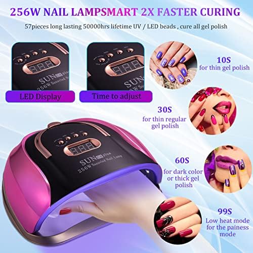 UV LED Nail Light, 256W High Power Gel Light, 4 Timer Settings and Professional Manicure Lamp with Automatic Sensor (Comes with 9 Free Gifts)