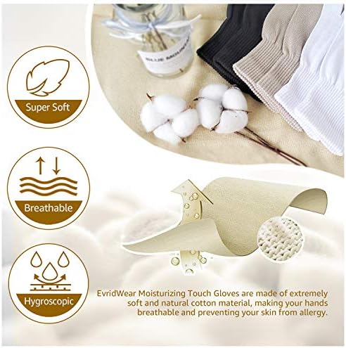 Evridwear Men Moisturizing Cotton Gloves with Touchscreen Fingertips for Eczema Beauty Cosmetic Dry Hands Sensitive Irritated Skin Therapy Overnight Bedtime, 6 Pairs, Lightweight-Black, L/XL