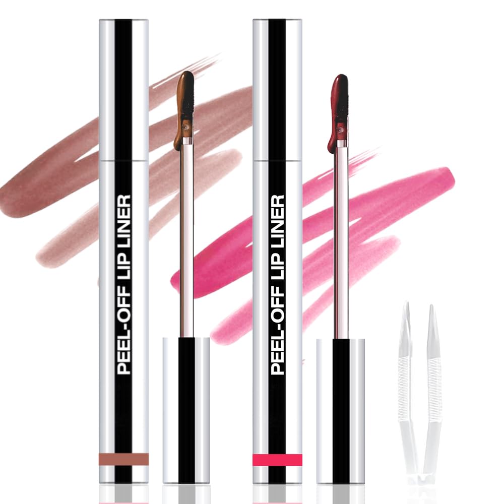 2Pcs Peel Off Matte Liquid Lip Gloss Stain-Lip Liner with Tweezer, Peel Off Lip Stain, Long Lasting & Waterproof Lipstick Tattoo, Transfer-Proof Lip Gloss for All Skin Types (00#+02#, 2Pcs)