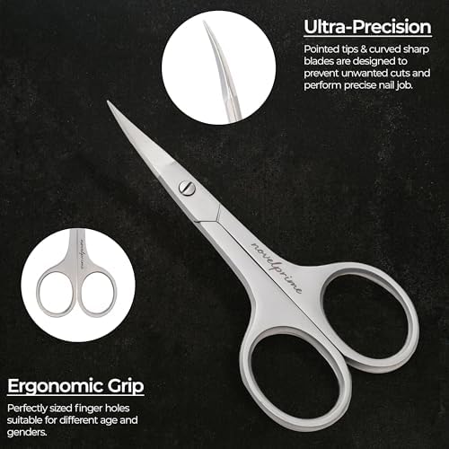 Novel Prime| Stainless Steel Cuticle Scissor with Extra Fine Curved Blade| Nail Scissors for Precise Pointed Tips| Manicure Scissors for Grooming and Eyebrows with Premium Leather Pouch (1 Count)
