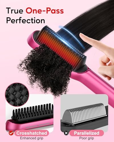 Terviiix Frizz Buster Ionic Hair Straightener Brush with MCH Heater - Rapid 450°F in 20S, Hair Straightener Comb for Efficient One-Pass, Anti-Scald, 13 Heat Settings, Dual Voltage, Pink
