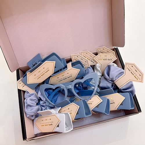 Bridesmaid Scrunchies Proposal Gifts Bachelorette Hair Claws Clips Girls heart sunglasses for Wedding Party Favors (White&Dusty Blue)