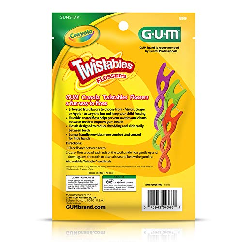 GUM Crayola Twistables Kids Flossers with Fluoride - Designed for Little Hands - Three Fun Fruit Flavors - Easy to Use Kids Floss Picks for Children Ages 3+, 90 Count (Pack of 4)