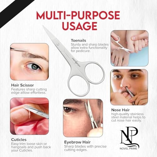Novel Prime| Stainless Steel Cuticle Scissor with Extra Fine Curved Blade| Nail Scissors for Precise Pointed Tips| Manicure Scissors for Grooming and Eyebrows with Premium Leather Pouch (1 Count)