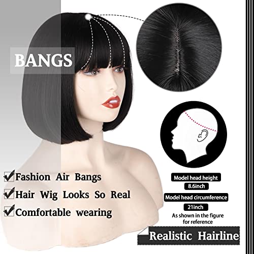 WERD Black Short Bob Wig,Straight Black Bob Wig with bangs, 10 inch Straight Bob Bangs Wig for Women Natural Looking for Daily Use