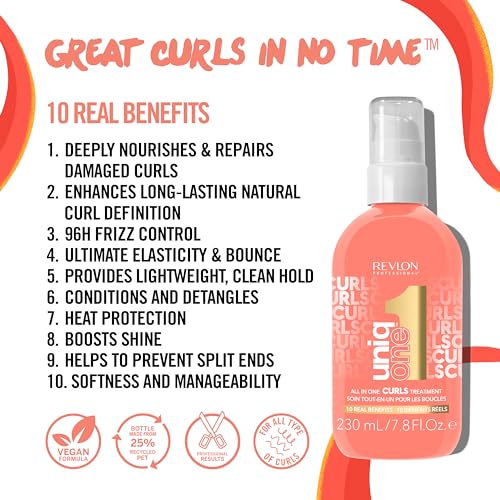 Revlon Professional UniqOne Curls Treatment, 10-in-1 Leave-In for Curly Hair, 96H Frizz Control, Deep Nourishment & Repair, Curl Definition, Heat Protection, Vegan, 7.8 fl oz