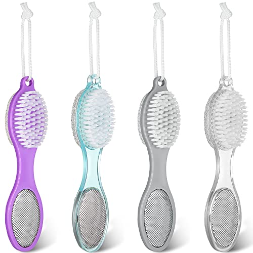 Sieral 4 Pack Pumice Stone Brush for Feet 4 in 1 Scrubber Foot Care Pedicure Kit with Grinding Pumice, Cleaning Brush, Foot File and Rubbing Footplate for Women Men Home Care Set